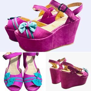 Women’s Pee Toe Fuchsia Wedge Platform Sandals Suede Bow Doll Barbiecore Cosplay